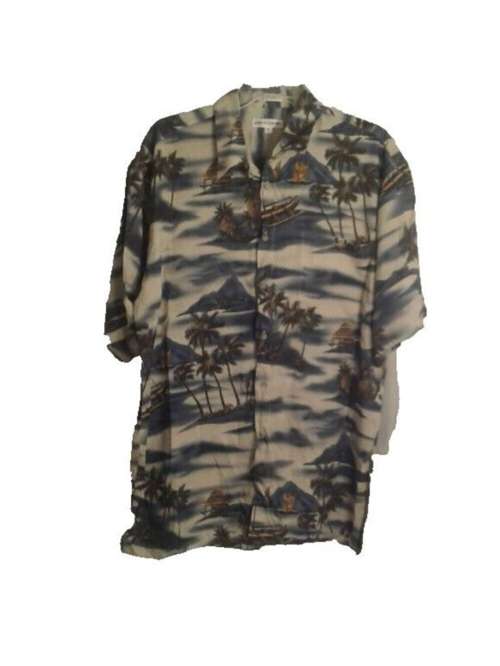Pierre Cardin M Mens Hawaiian Button-Up Shirt Blue & Beige Tropical Rayon Tiki